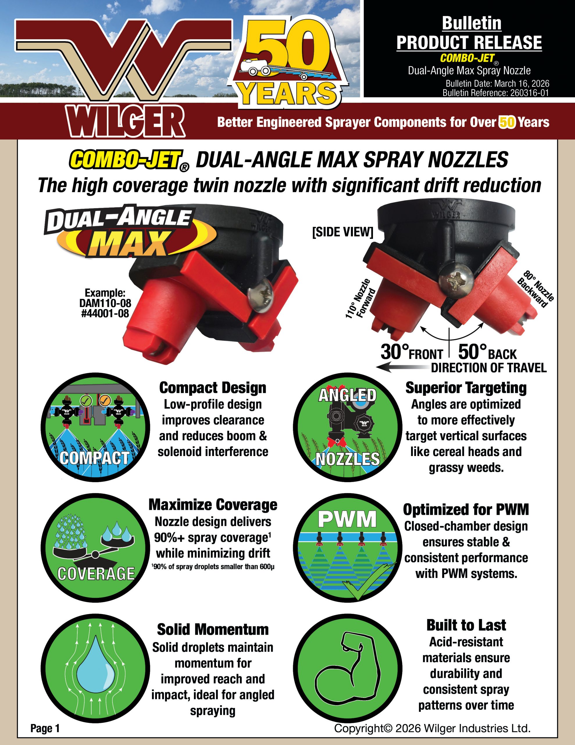 Combo-Jet Dual-Angle Max spray nozzles are a twin tip spray nozzle for targeting fusarium headblight and other fungicides on cereal crops. It is also excellent or coverage on vertical growing targets like grassy weeds. PWM Nozzle Charts for Twin nozzles (DAM110 nozzle series)